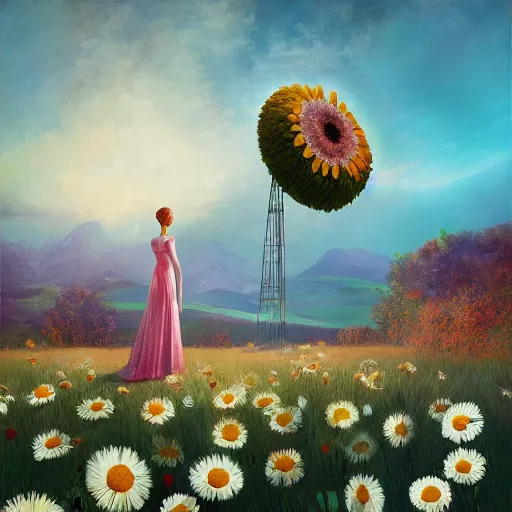 Prompt: giant daisy flower head, woman in dress, standing next to modern window in luxury loft, surreal photography, sunlight, impressionist painting, digital painting, artstation, simon stalenhag