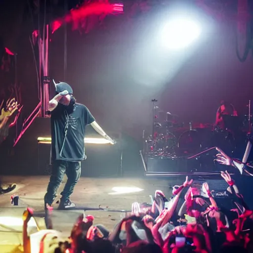 Image similar to limp bizkit plays a sold out show in an underground art deco train hall, laser lights, pyrotechnics, fog machine