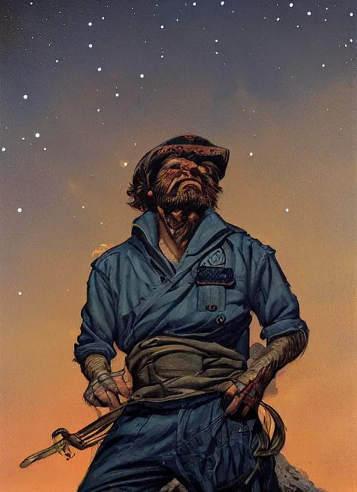 Prompt: portrait of grizzled sailor, night sky background, coherent! by brom, deep color, strong line, high contrast