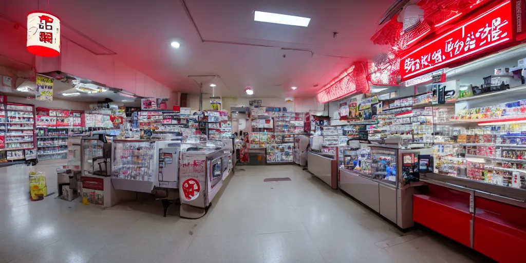 Image similar to interior of a japanese convenient store after midnight, large windows with a view of a parking lot, grey interior, low lights, red glow of japanese neon signs, kitchen in the background, desolate, cinematic, 8 k