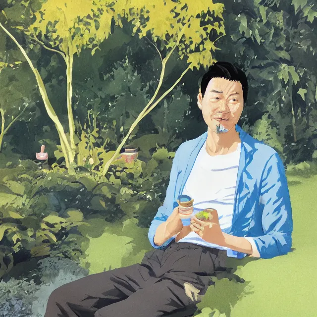 Prompt: ryuichi tanaka drinking coffee in the garden. gouache and gold leaf by the award - winning concept artist