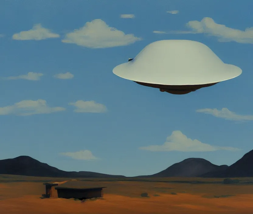 Image similar to a very detailed painting of a ufo, baby blue sky, in the style of edward hopper and hugo pondz, very fine brushstrokes, 4 k,