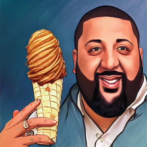 Prompt: portrait of DJ Khaled with a dumb smile holding ice cream cone with large scoop of ice cream as a Grand Theft Auto Cover, elegant, intricate, headshot, highly detailed, digital painting, artstation, concept art, sharp focus, illustration, art by artgerm and greg rutkowski and alphonse mucha