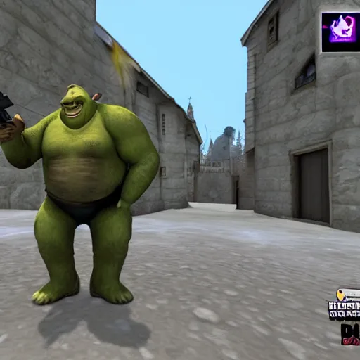 Prompt: shrek in the style of counter strike on de _ dust 2 holding a rifle