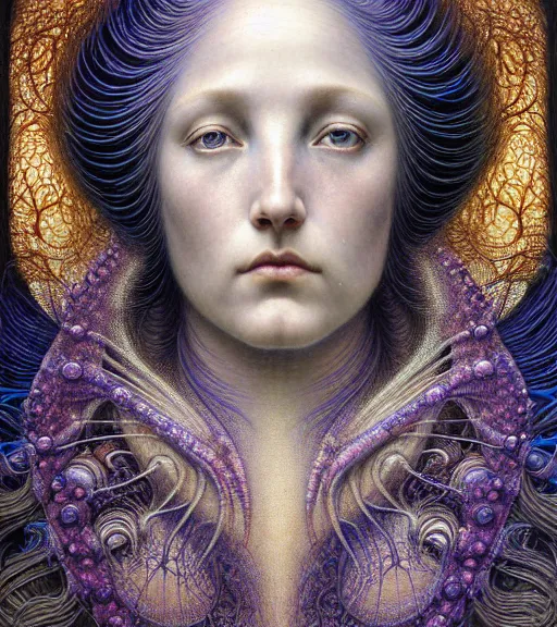 Image similar to detailed realistic beautiful opalescent goddess face portrait by jean delville, gustave dore, iris van herpen and marco mazzoni, art forms of nature by ernst haeckel, art nouveau, symbolist, visionary, gothic, neo - gothic, pre - raphaelite, fractal lace, intricate alien botanicals, biodiversity, surreality, hyperdetailed ultrasharp octane render