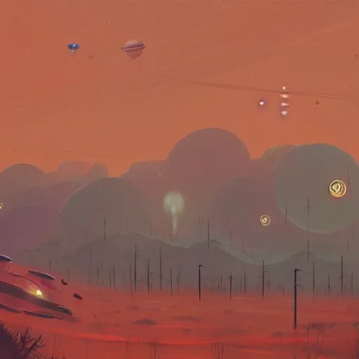Prompt: sci fi landscape, alien planet, space ships flying above through the atmosphere, painting by simon stalenhag