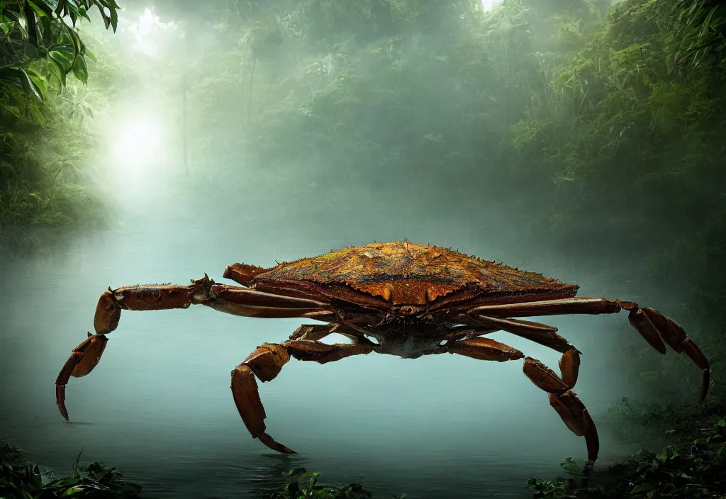 Image similar to an enormous giant crab king emerging from the waters, in a jungle with ominous light from above, ambient light, fog, river, very poetic