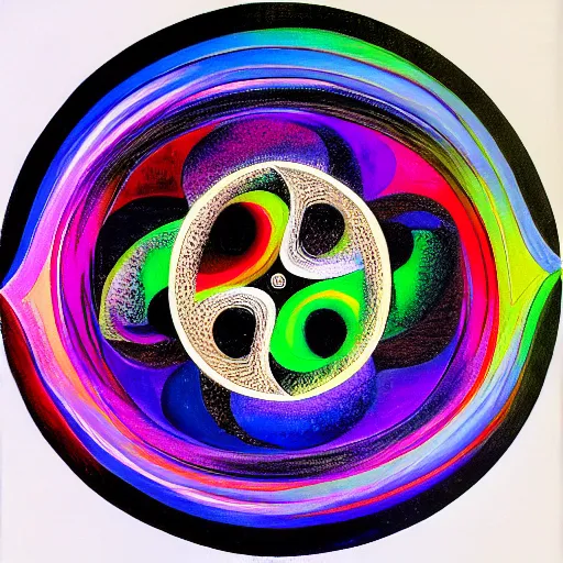 Image similar to a fractal yin yang symbol surrealist painting, the vortex opening up and multicolored spirals surround it