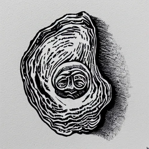 Image similar to oyster with a face inside, linocut