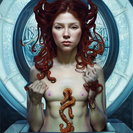 Image similar to portrait painting of octowoman, half woman, half octopus, ultra realistic, concept art, intricate details, extremely detailed, photorealistic, octane render, unreal engine. art by artgerm and dan mumford and alphonse mucha and studio ghibli, mixed media, 8 k