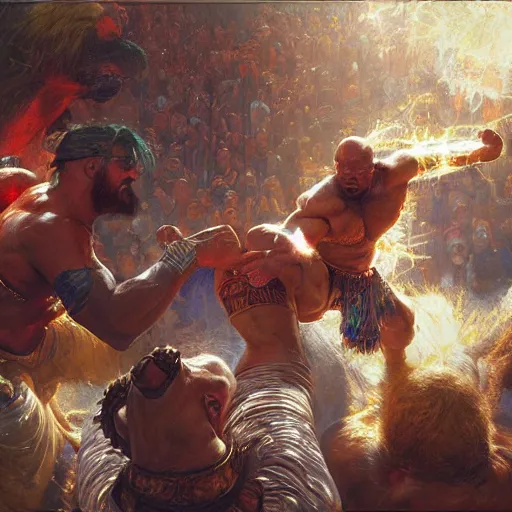 Image similar to the iron sheik breaking hulk hogan's back, radiant light, caustics, heroic, bright iridescent light, by gaston bussiere, bayard wu, greg rutkowski, maxim verehin, epic wrestling combat, legendary