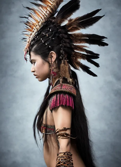 Image similar to hyper detailed image of an Redskin warrior princess wearing a headdress, intricate, elegant, long black hair, hd, 8k, muted colors,