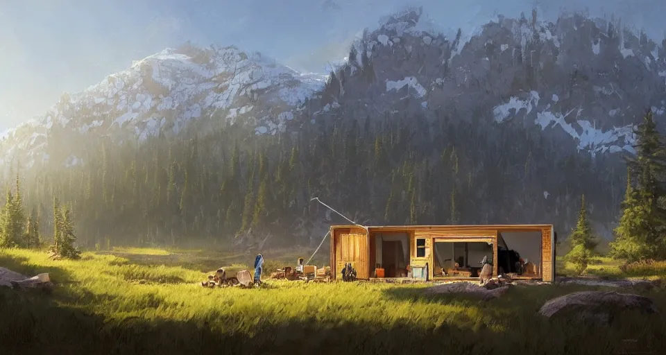 Image similar to cabela's beautiful comfortable community of modular insulated wall container home kit - house all weather family dwelling tent house, person in foreground, mountainous forested wilderness open fields, beautiful views, painterly concept art, environmental concept art, concept art illustration, by james gurney, by craig mullins, by greg rutkowski trending on artstation