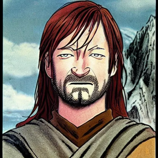 Image similar to boromir from the anime lord of the rings (1986), ginger hair, looking serious, some beard, studio ghibli, very detailed, realistic