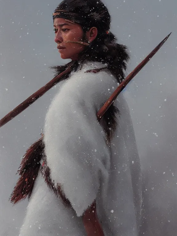 Image similar to an ultradetailed beautiful portrait painting of an female tribe native spear hunting in an arctic snow storm, side view, oil painting, high resolution, by ilya kuvshinov, greg rutkowski and makoto shinkai