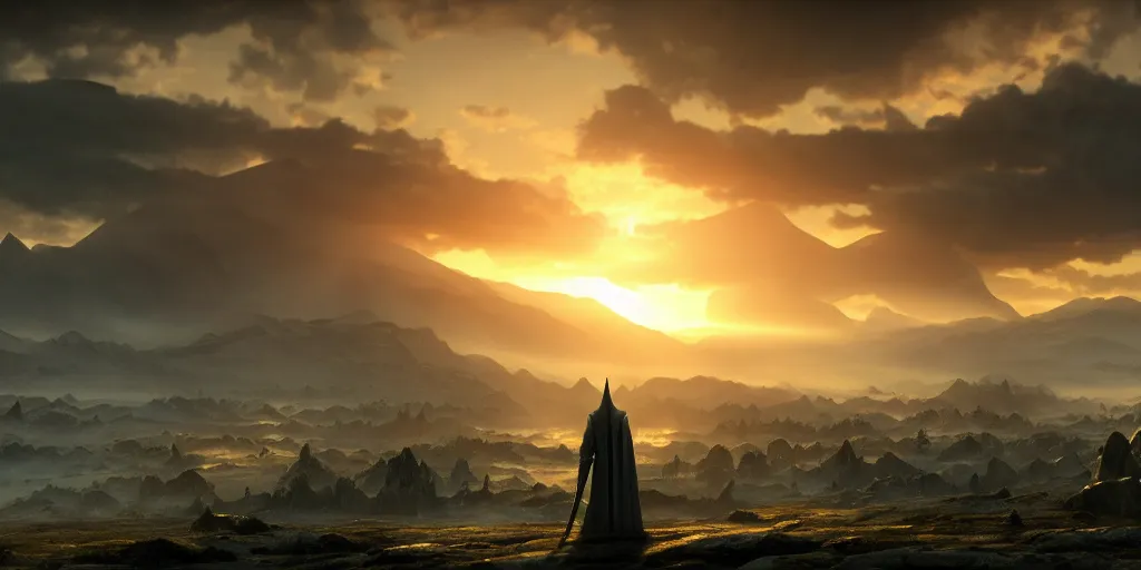 Image similar to a angel in the lord of the rings scenery landscape, looking at the sauron army in the distance, mysterious ， stream, sunrise, wallpaper ， god's rays highly detailed, vivid color, cinematic lighting, perfect composition, 8 k, gustave dore, derek zabrocki, greg rutkowski, belsinski, octane render