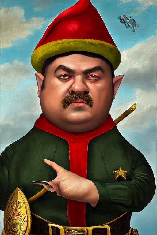 Image similar to high fantasy elf mall cop with a sheriff's badge that is fat, shifty, 1500s Oil Painting, Carvagio, RPG portrait, 8K digital scan