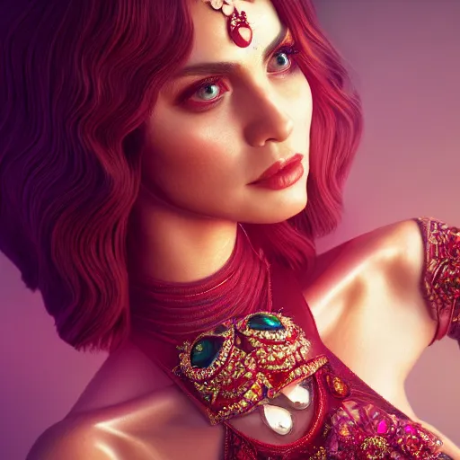 Image similar to portrait of beatiful princess of ruby with fair skin, adorned with jewels, ornate 8 k gorgeous intricate detailed, accent lighting, dramatic light, octane render