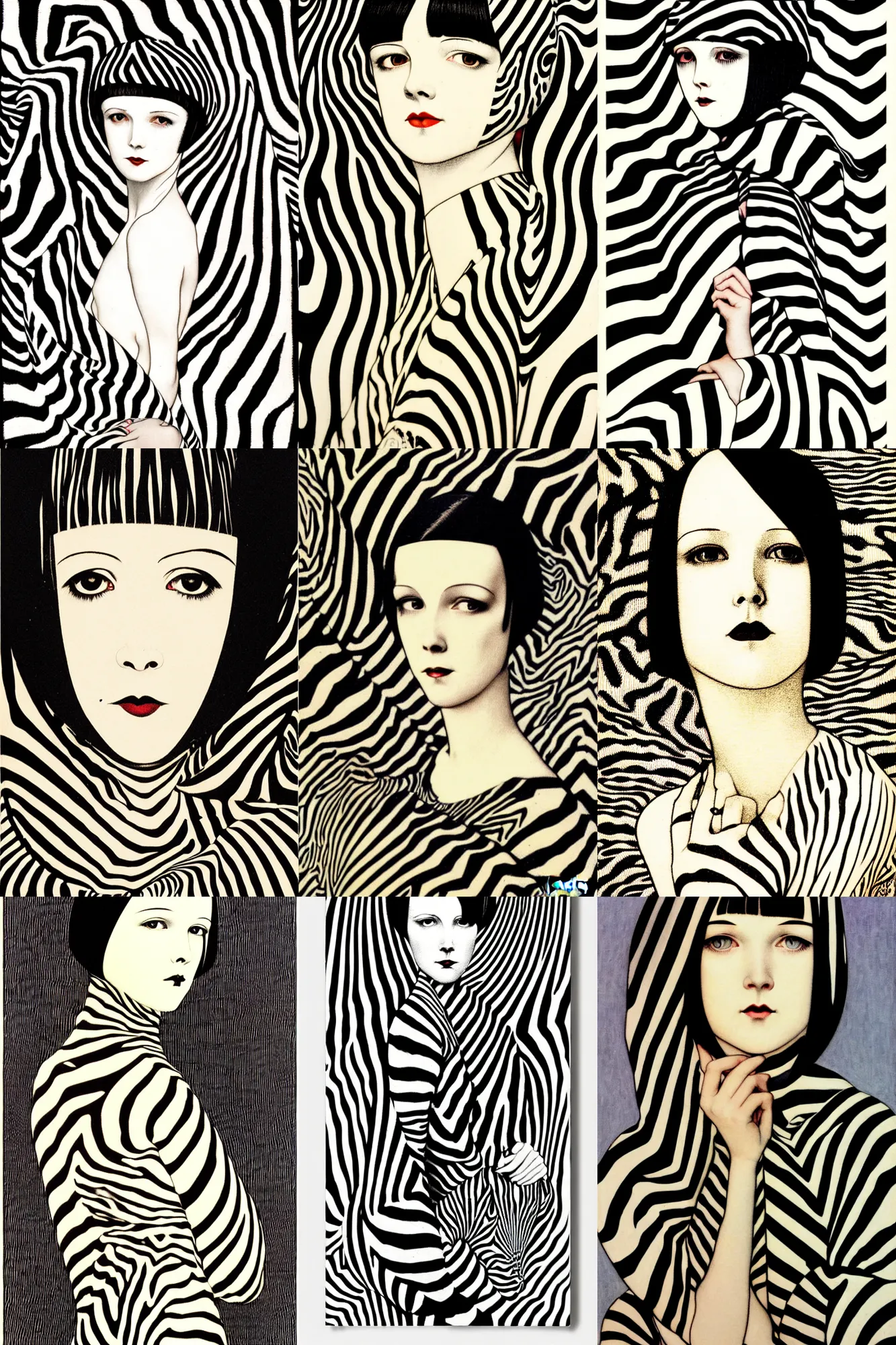 Prompt: portrait of 2 2 yeard old mary louise brooks, zebra op art, mcbess, mucha