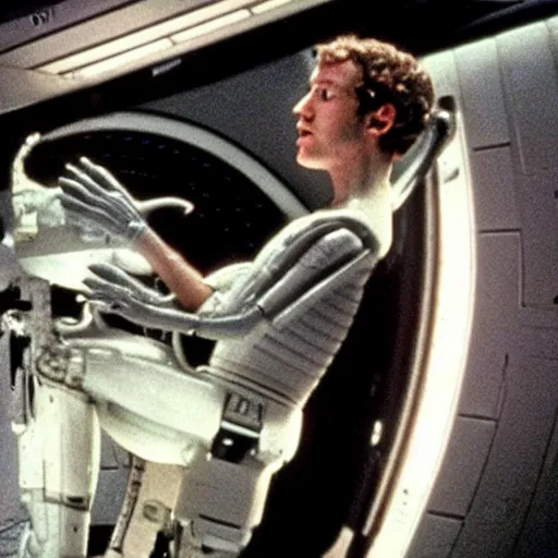 Prompt: a broken mark zuckerberg android leaking white fluid on the spaceship Nostromo from the movie Alien.