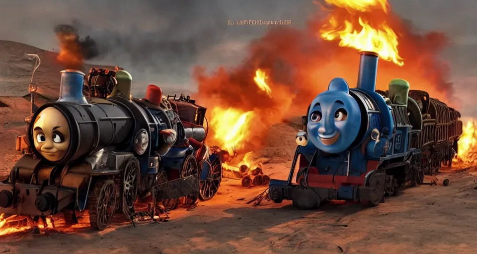 Prompt: steampunk Thomas the Tank Engine with fire in MAD MAX: FURY ROAD