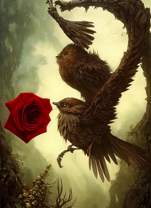 Prompt: the bird has grown its arms and is holding a rose, hyperrealism, no blur, 4 k resolution, ultra detailed, style of tyler edlin, tom bagshaw, arthur rackham, ivan shishkin