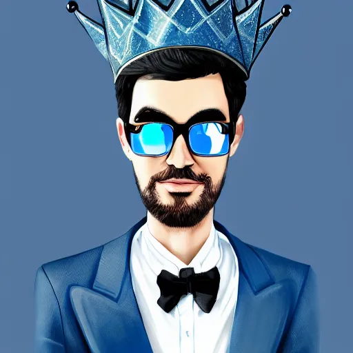 Prompt: rich businessman wearing an expensive blue crown and black shades , digital painting , digital art , artstation , devian art , 4k , HD