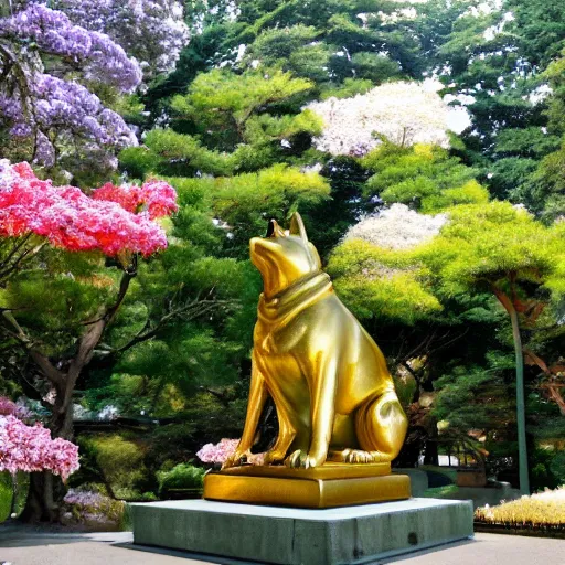 Image similar to A golden statue of an akita ken, shiny, flowers, royal, temple, holy