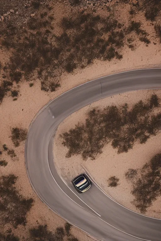 Image similar to Drone Photo of a Porsche 911 Carrera 3.2 on a wide winding road, volumetric lighting, Desert, summer, Cinematic, award winning.