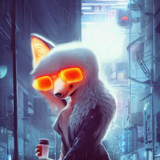 Image similar to white anthropomorphic female vulpes vulpes fulva, eating ramen from a bowl, in the rain by a noodle kiosk, in crowded and wet street of a city, cyberpunk, harsh neon lights, highly detailed, digital painting, trending on artstation, concept art, sharp focus, illustration, art by artgerm and greg rutkowski and magali villeneuve