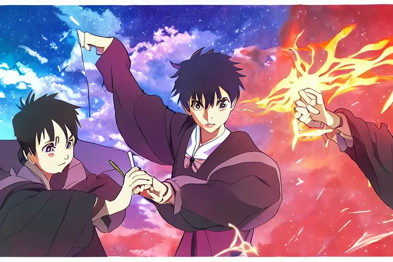 Image similar to cell shaded anime key visual of two apprentice wizards dueling, casting magic spells, in the style of studio ghibli, moebius, makoto shinkai, dramatic lighting