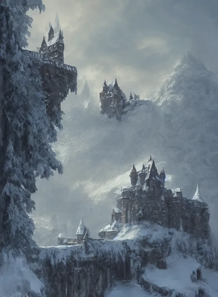 Image similar to a painting of a castle in the middle of a snowy mountain, a detailed matte painting by andreas rocha and greg rutkowski, featured on artstation, fantasy art, matte drawing, matte painting, artstation hq