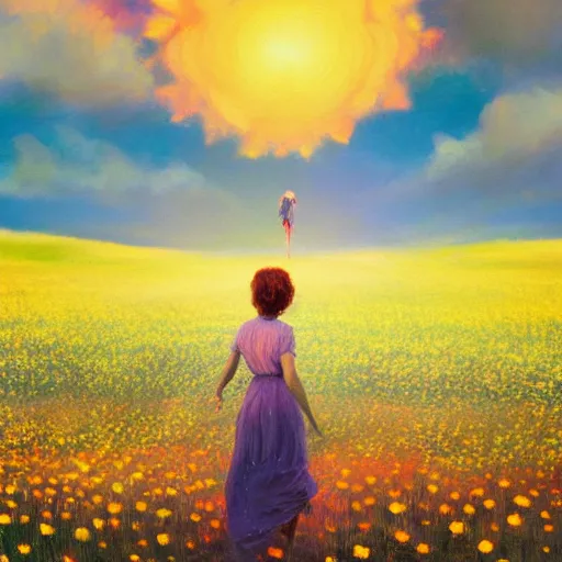 Image similar to giant daisy flower as a head, girl walking in flower field, surreal photography, sunrise, dramatic light, impressionist painting, colorful clouds, digital painting, artstation, simon stalenhag