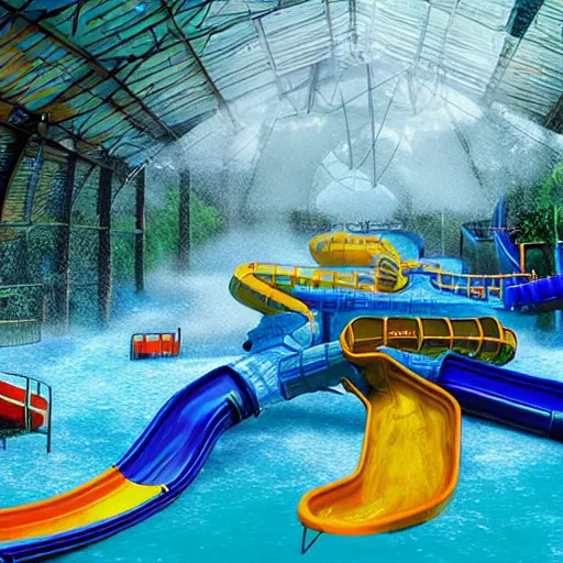 Image similar to flooded waterpark with water slides during hurricane, digital art, epic composition, highly detailed, cinematic lighting