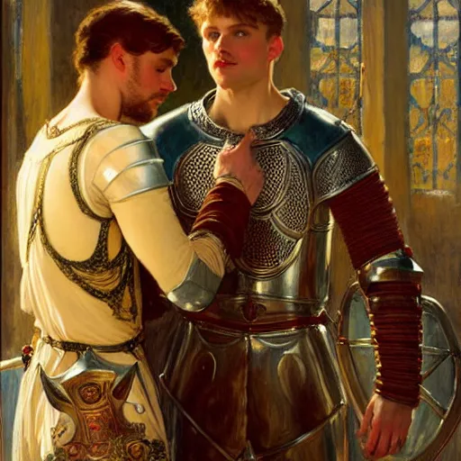 Image similar to attractive fully clothed arthur pendragon confesses his love for his attractive fully clothed male knight. highly detailed painting by gaston bussiere and j. c. leyendecker 8 k