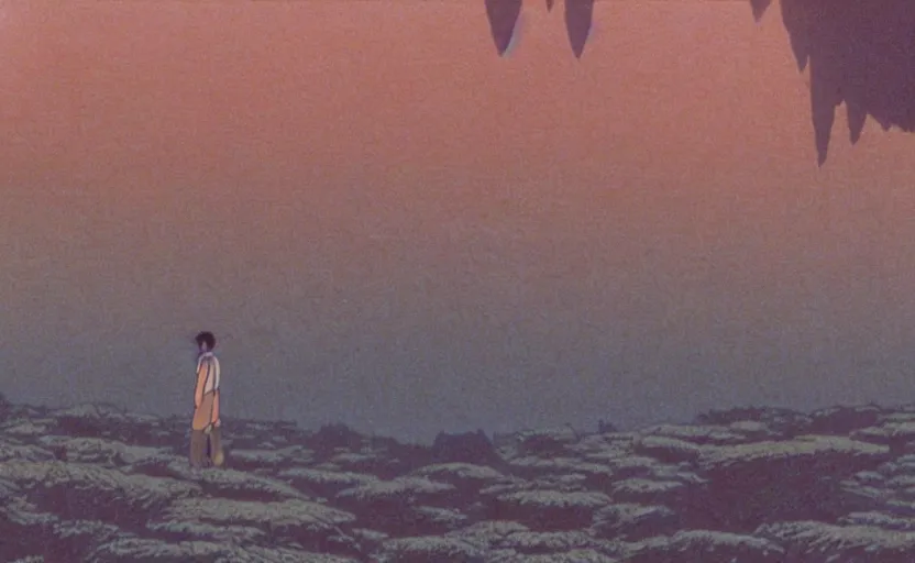 Prompt: a movie still from a studio ghibli movie showing a highly detailed landscape with a giant living buddha walking through the desert. 1 9 8 0's science fiction, 1 9 7 0's science fiction, misty, depth perception, 4 k