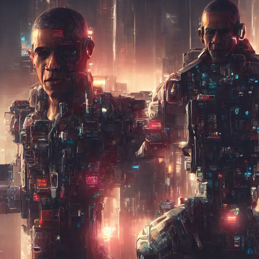 Prompt: a portrait of cyberpunk obama, hyperdetailed, artstation, accurate, octane render, 8k, HD