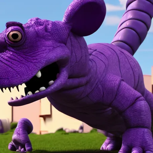 Image similar to Barney the purple dinosaur fighting orphans 8k