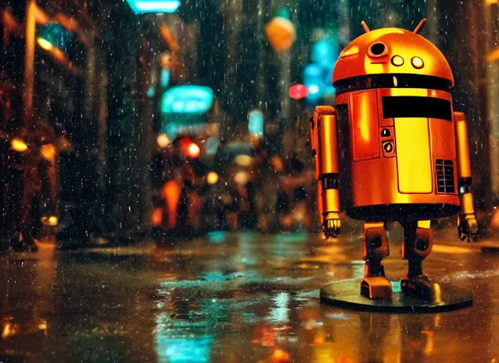 Prompt: a kodachrome photo of a tall huge metallic cyborg droid android with glowing lights, running sprinting on a rainy night in the city in the 1 9 5 0's, dramatic, seen from a distance, canon 5 0 mm, cinematic lighting, film, photography, award - winning, neon, cyberpunk, blade runner