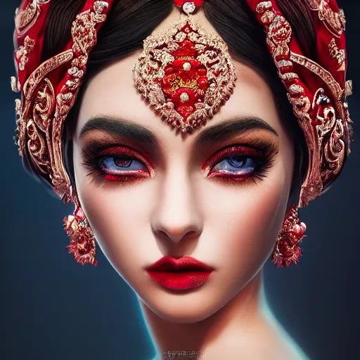 Prompt: wonderful princess with smooth fair skin, alluring eyes, red eyeshadow, red jewelry, breathtaking, elegant, intricate, ornate backdrop, hyper detailed, accent lighting, 4 k glamour photography, octane render