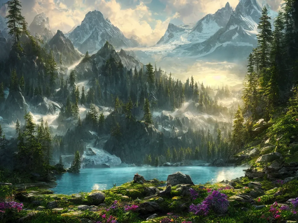 Image similar to a epic view of a mountainous lake, forest, flowers, concept art, trending on, very detailed, unreal engine, 4 k, photoreal, volumetric lighting, light rays, epic composition, warm colors, angelic