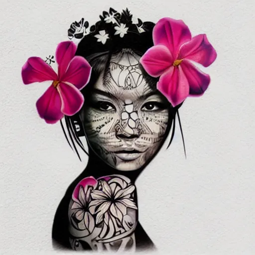 Prompt: tattoo design, stencil, photography, tattoo stencil, traditional, beautiful portrait of a traditional Hawaiian girl with flowers in her hair, upper body, by artgerm, artgerm, artgerm, digital art, cat girl, anime eyes, anime, sexy, super model-s 100