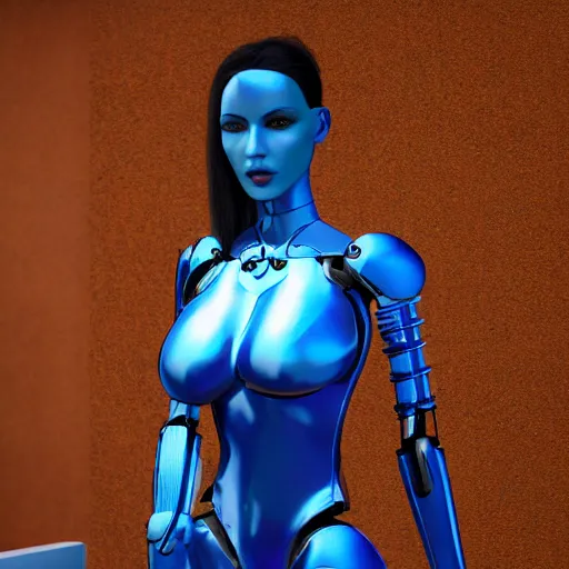 Prompt: womanized humanoid robot made of scratched steel, beautiful face!!, blue hair!!!, big breasts!, anatomically correct, futuristic, glowing details!, symmetrical!, unreal engine 5, ray tracing, natural shaders, 8 k, uhd, ultrarealistic, clear, sharp, highly detailed