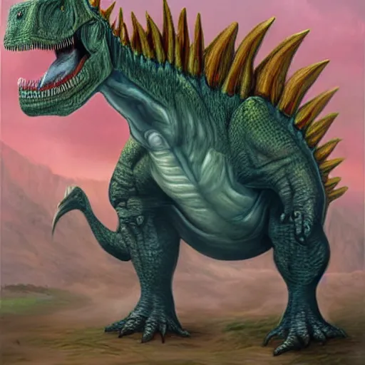 Image similar to a highly detailed painting of the fearsome human dinosaur hybrid the DonaldTrump-asaurus Rex