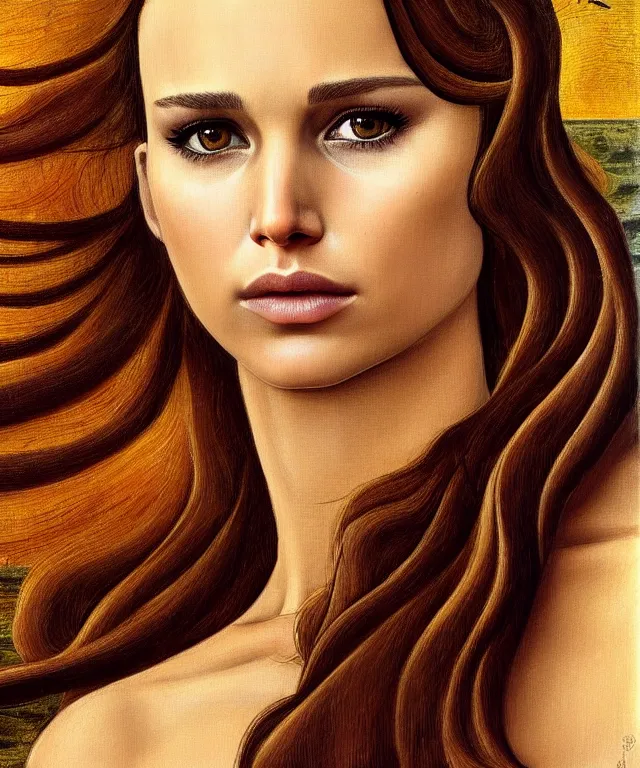 Prompt: half nathalie portman half Jennifer lawrence a fantasy magic woman portrait by Sandro Botticelli, oil painting masterpiece amber eyes, face, long hair, fantasy, intricate, elegant, highly detailed, digital oil painting by Botticelli, concept art, smooth, sharp focus