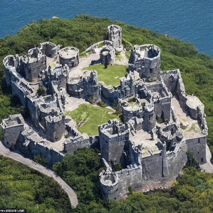 Image similar to aerial view of a punisher fortress from above on a hill by the ocean. castle shaped shaped exactly like the punisher symbol detailed