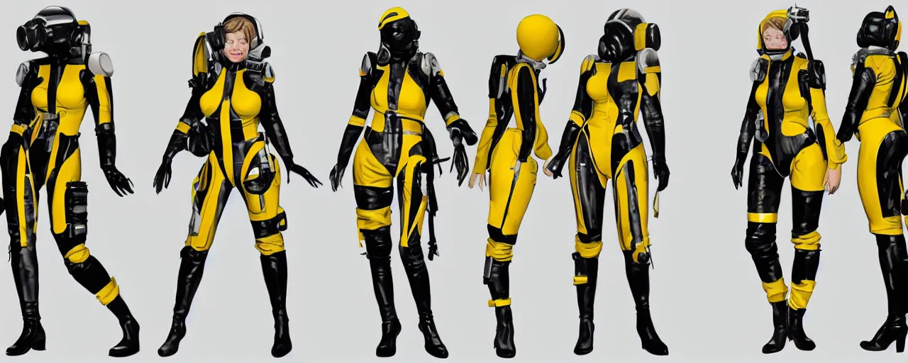 Image similar to character design, fashion reference sheet, curvy, 70's jetfighter pilot girl, optimistic, dirty yellow flight pressure suit, black stripes, scuffed exoskeleton, concept art, photorealistic, hyperdetailed, 3d rendering!, rimlight , art by Frazetta,