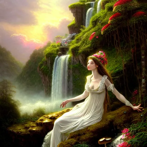 Image similar to highly detailed, elegant elf clothed in a white lace dress and flowers sitting in a enchanted scenery landscape, vast lush valley flowers and mushroom, waterfall, stream, sunrise, vivid color, soft clouds, cinematic lighting, perfect composition, 8 k, gustave dore, derek zabrocki, greg rutkowski, belsinski,