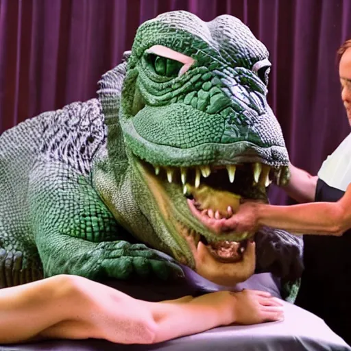 Prompt: Alex Jones enjoy a massage from a reptilian