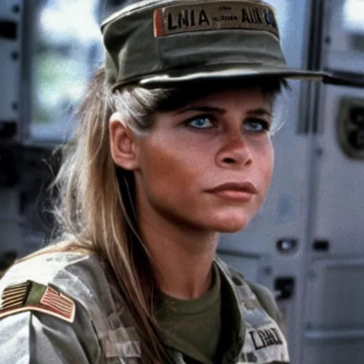 Image similar to linda hamilton in a military base, 1 9 8 7, movie still